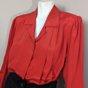 90s satin blouse, Red blouse, Embroidered collar, flowy shirt, pleated front
